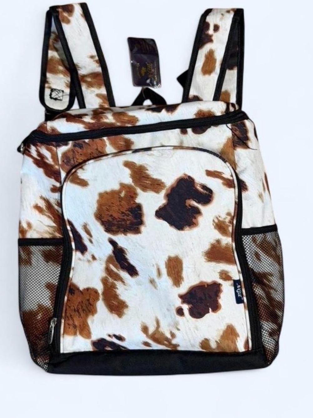 NWT white and brown cow print insulated cooler backpack with mesh pocket
